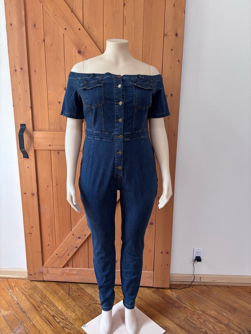 Off-Shoulder Dark Blue Denim Jumpsuit - Women Jeans Fashion Nova